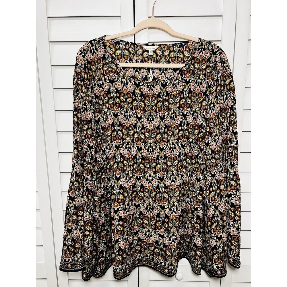 Max Studio Boho Floral Flare Sleeve Knife Pleat Peasant Top Women's Size 3X NWT
